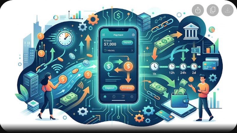 Иллюстрация мобильных платежей со смартфоном и иконками транзакций для обзора казино приложений