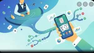 Иллюстрация с картами блэкджека и смартфоном для обзора стратегий в мобильном казино
