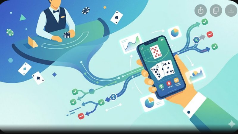 Иллюстрация с картами блэкджека и смартфоном для обзора стратегий в мобильном казино